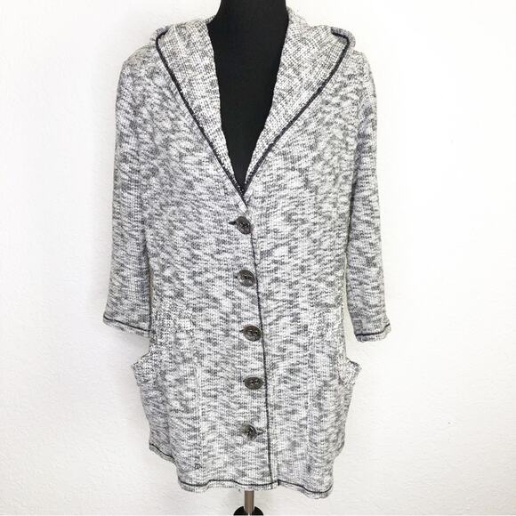 Soft Surroundings black white tweed knit button front hooded jacket size Medium - Picture 1 of 13